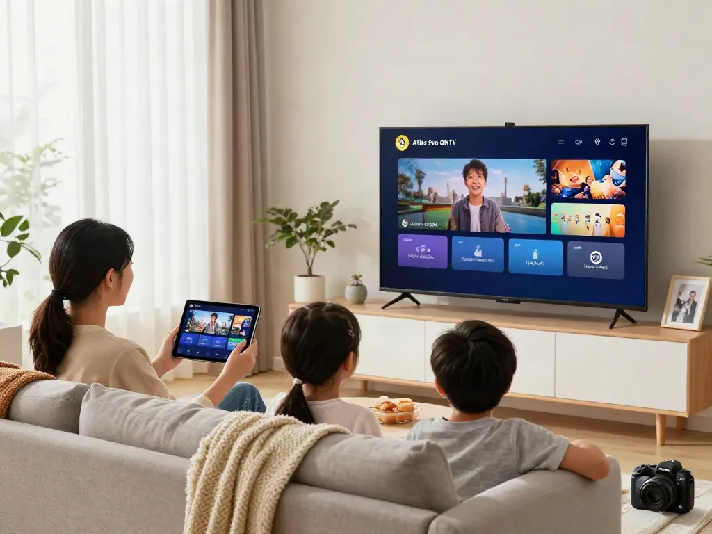La famille utilise l'application Atlas Pro ONTV sur leur télévision intelligente dans un salon moderne.