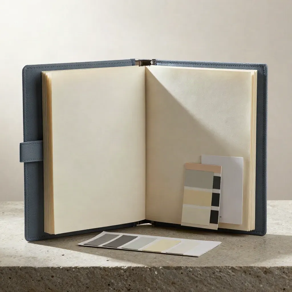 Coffret storyboard en toile, calques roulés et nuancier crème sur socle de pierre, lumière douce.
