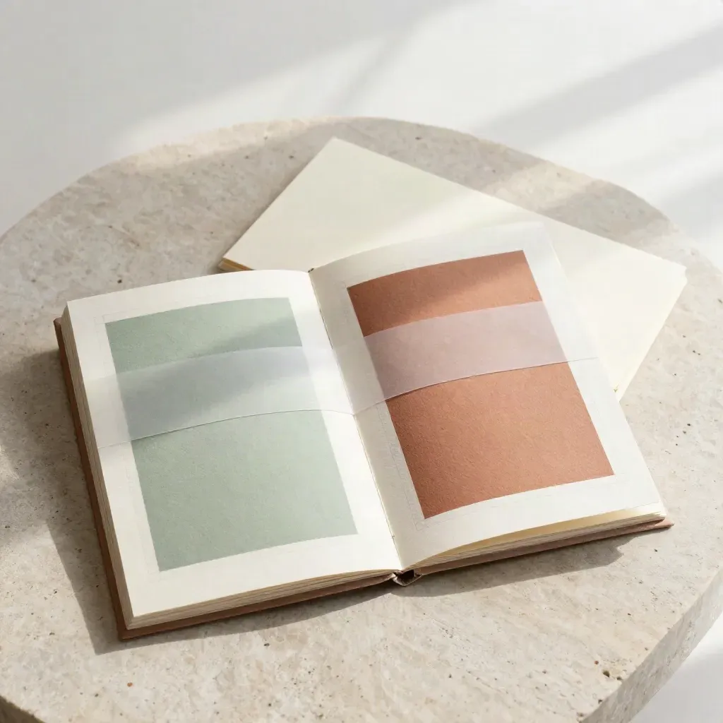 Carnet d’illustrations ouvert, calque et pigments sur dalle claire, vue du dessus