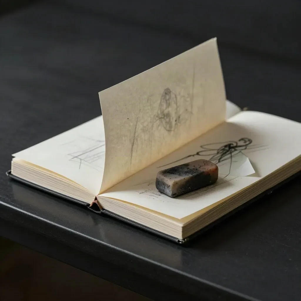 Carnet de croquis, feuilles de dessin et gomme pétrie sur table noire, pages soulevées par un souffle.