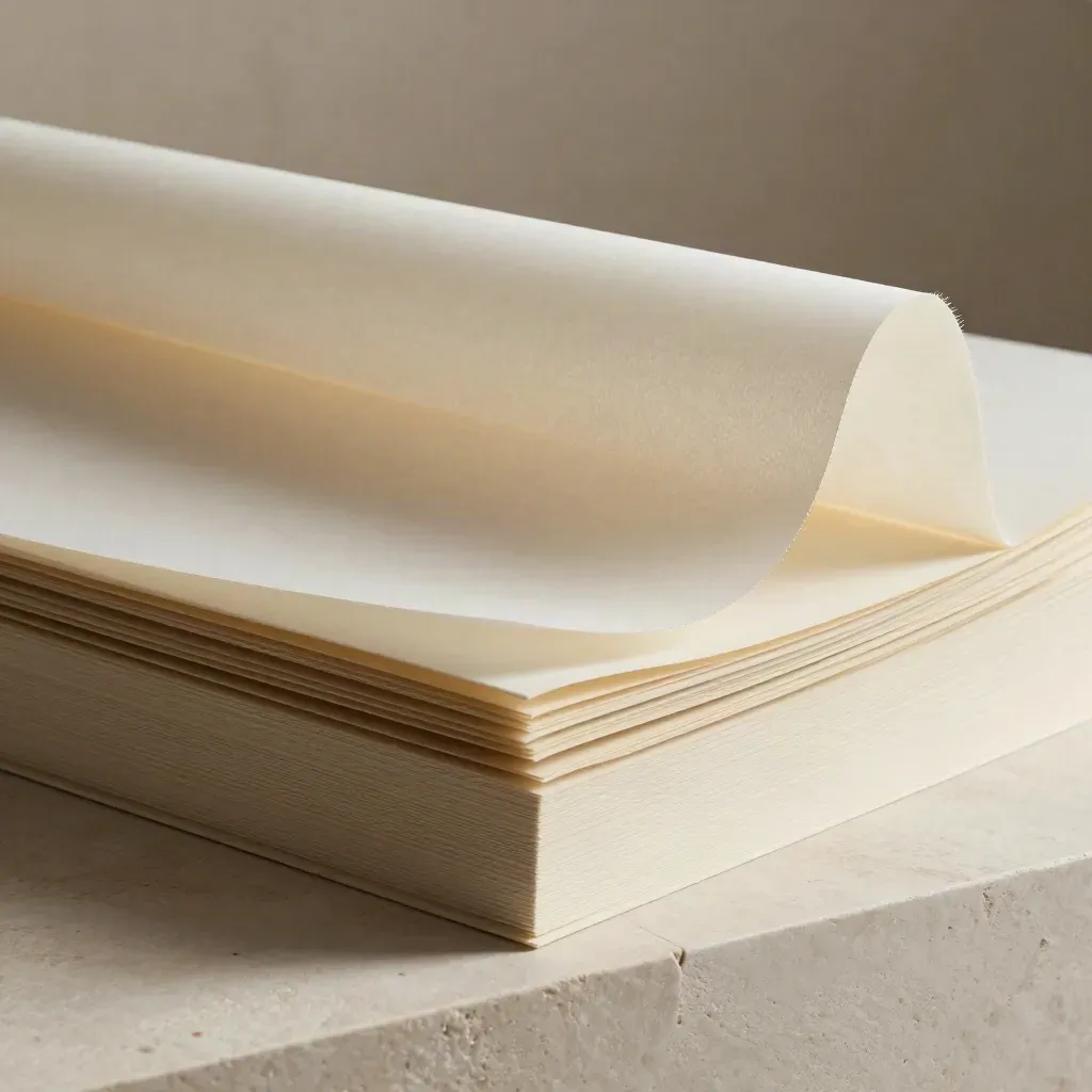 Gros plan d’un board crème avec calques translucides et coins de papier, sur fond de pierre claire.