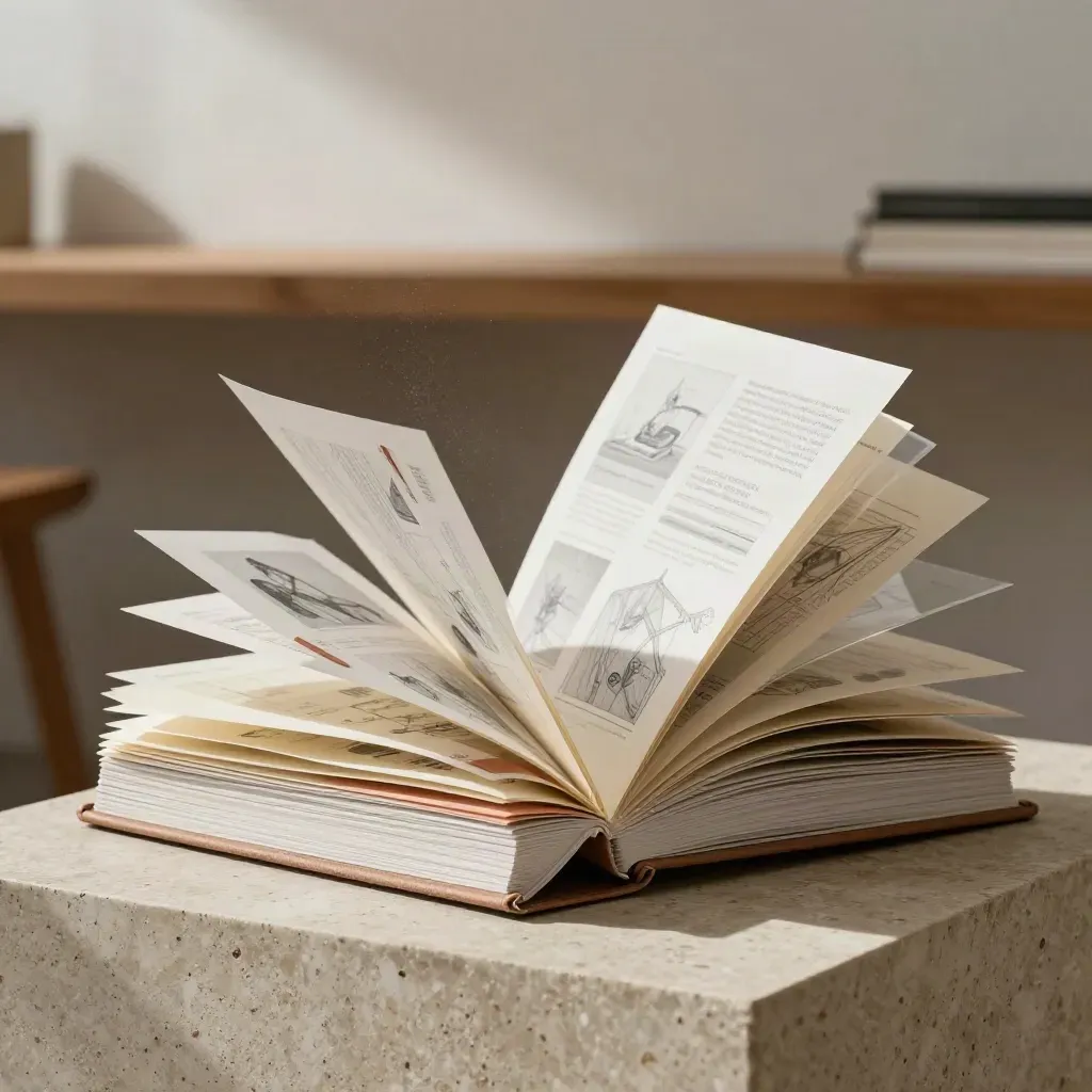 Grand classeur créatif avec calques et cartes sur socle en travertin, lumière vive et souffle de papier.