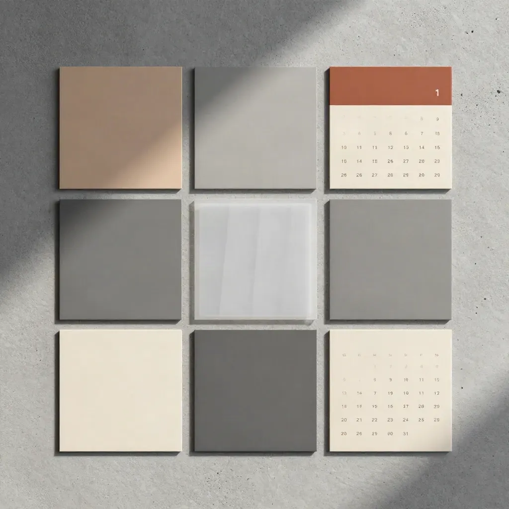 Flatlay de cartes carrées, mini-planches et épreuves muettes sur béton, accent terracotta.