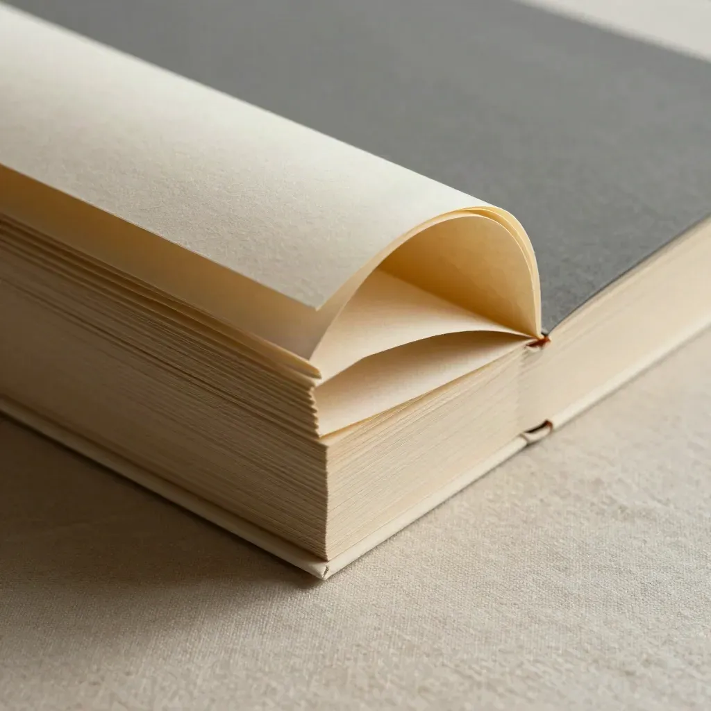 Gros plan d’une couverture de dossier en papier texturé, dos cartonné et coins nets sous une lumière rasante.