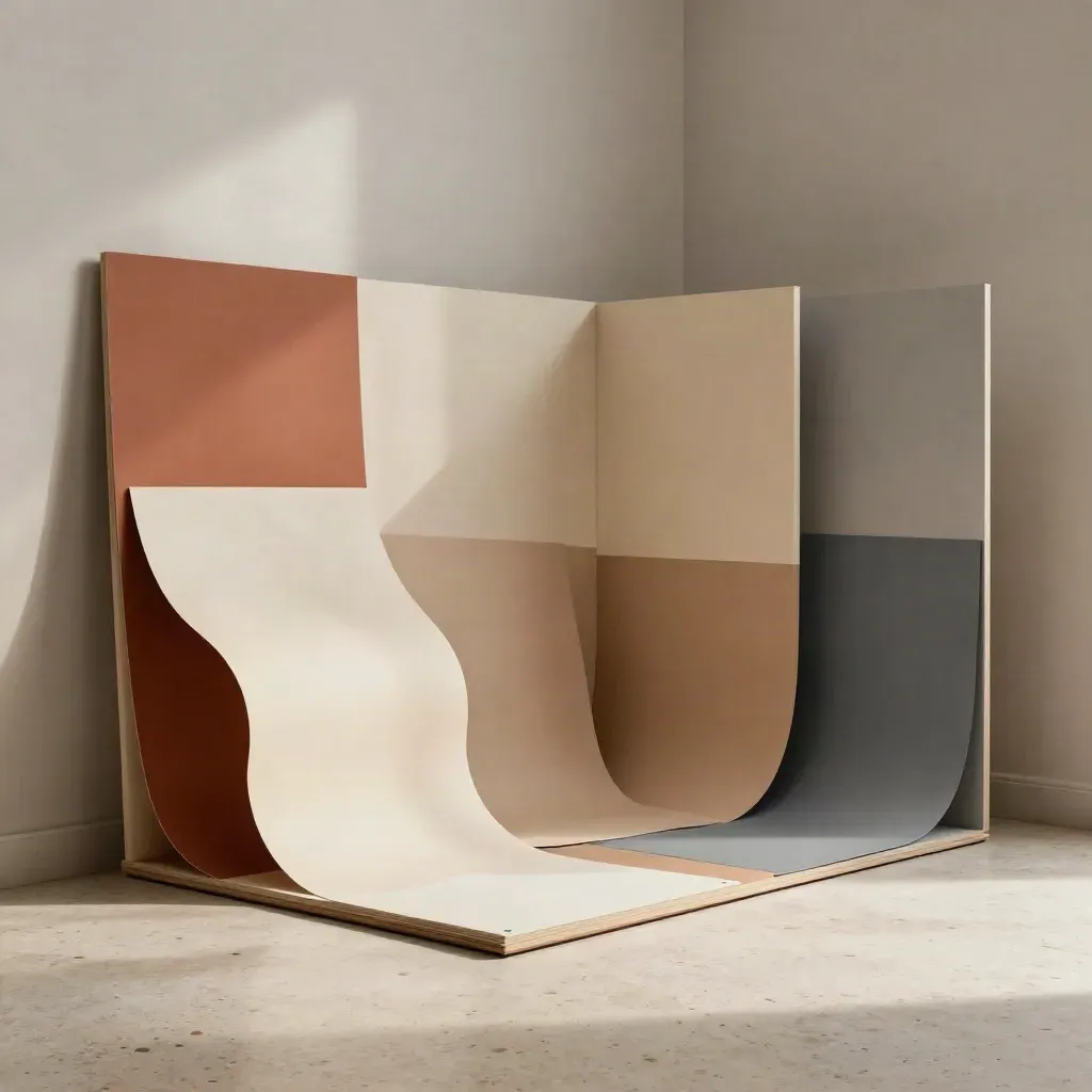 Modules de stand et panneaux muets en vue basse, lumière douce, ambiance élégante.
