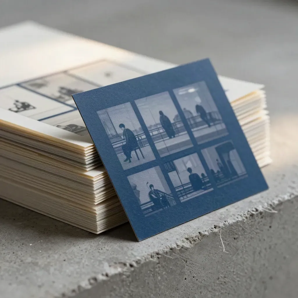 Cartes storyboard épaisses, calques translucides et pince discrète, une carte bascule.