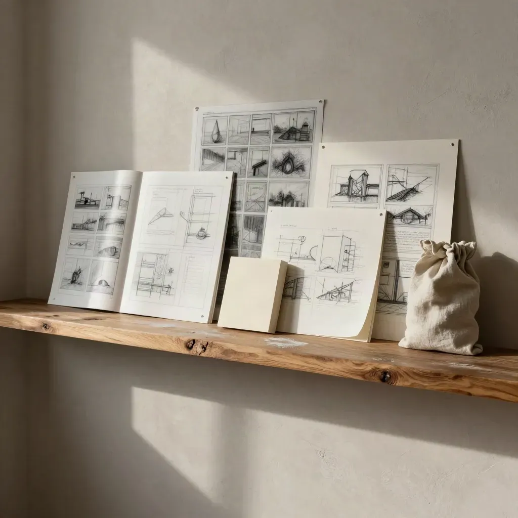 Atelier créatif clair avec planches de storyboard, bois brut et lumière du matin.