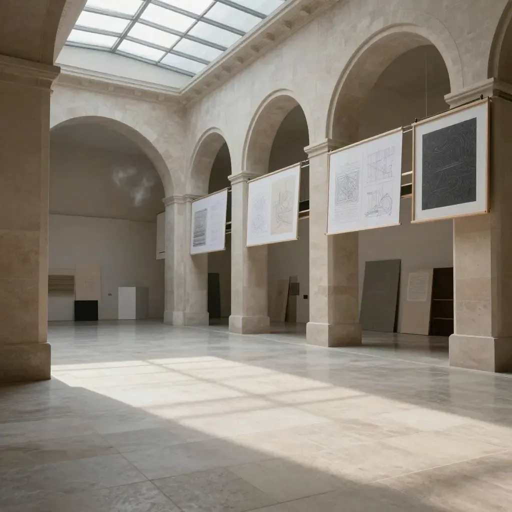 Galerie à arcades lumineuses avec sol en pierre et volumes minimalistes.